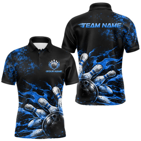 Maxcorners Black And Blue Custom Flame Bowling Shirts For Men, Fire Bowling Team Shirt