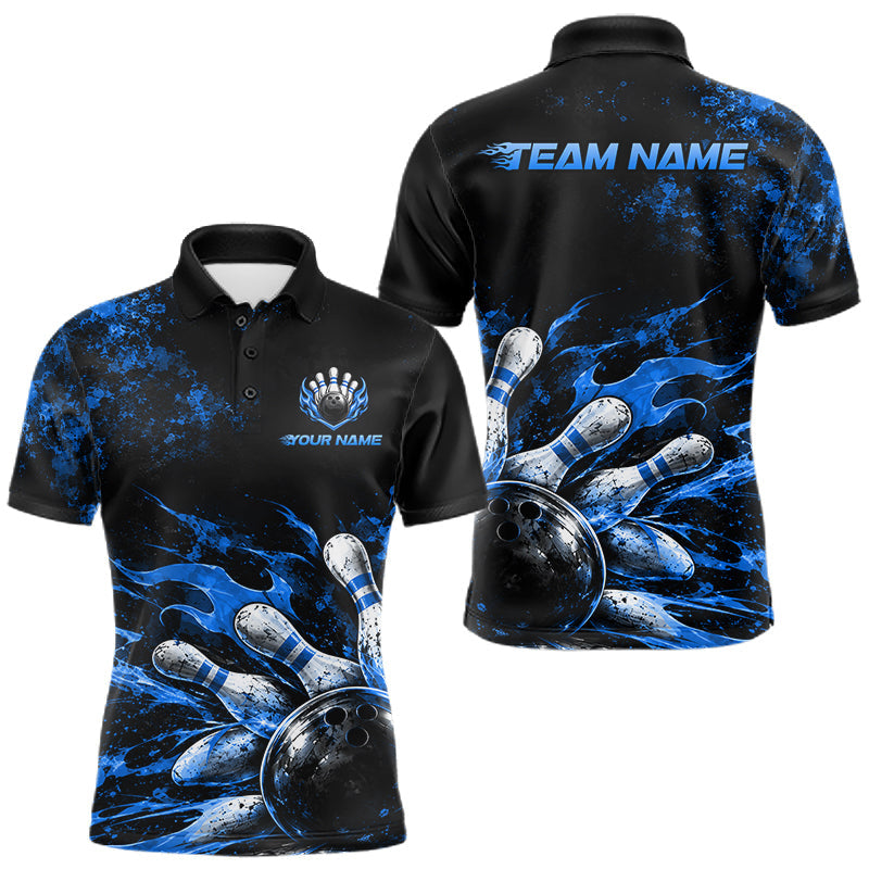 Maxcorners Black And Blue Custom Flame Bowling Shirts For Men, Fire Bowling Team Shirt