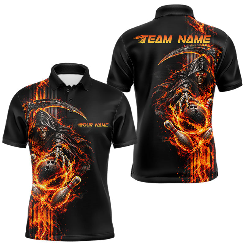 Maxcorners Custom Black Fire Flame Skull Reaper Men Bowling Team Shirts, Personalized Skull Bowling Gifts