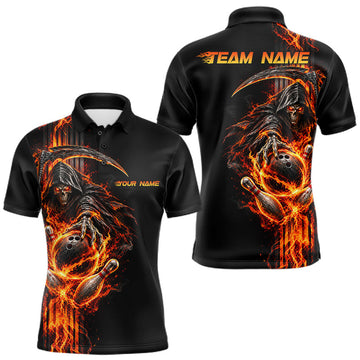 Maxcorners Custom Black Fire Flame Skull Reaper Men Bowling Team Shirts, Personalized Skull Bowling Gifts