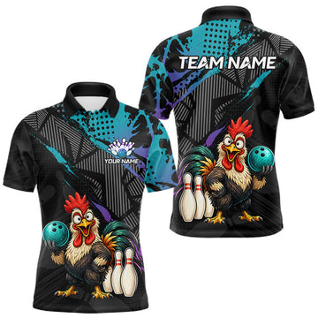 Maxcorners Custom Neon Blue Purple Funny Rooster Bowling Men Polo & 1/4 Quarter Zip Shirt, Bowling Team LM2607