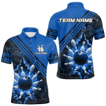 Maxcorners Custom Blue Men Bowling League Polo & 1/4 Quarter Zip Jersey Bowling Team Shirts LM0409