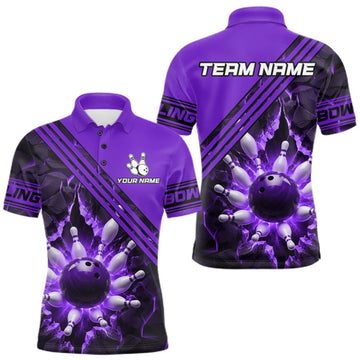 Maxcorners Custom Purple Men Bowling League Polo & 1/4 Quarter Zip Jersey Bowling Team Shirts LM0409