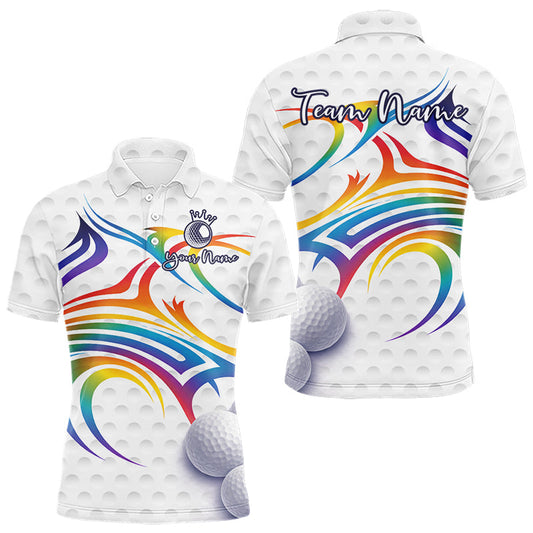 Maxcorners Rainbow Color Mens Golf Polo Shirts Golf Ball Pattern Custom Name, White Golf Shirt For Men LM2603