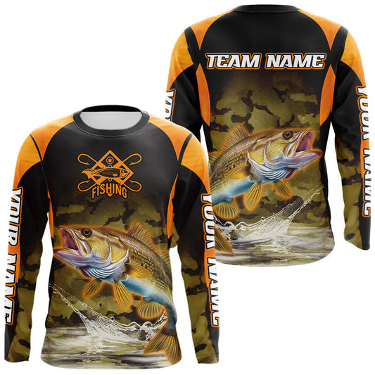 Maxcorners Personalized Walleye Long Sleeve Fishing Shirts Orange Camouflage, Walleye Fishing Shirts LM0402