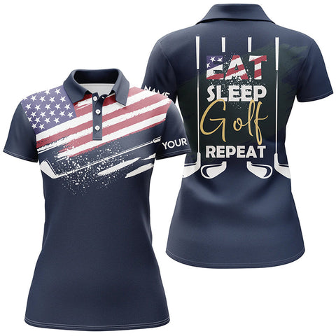 Max Corners Eat Sleep Golf Repeat American Flag Customized Name 3D Golf Polo Shirt For Women