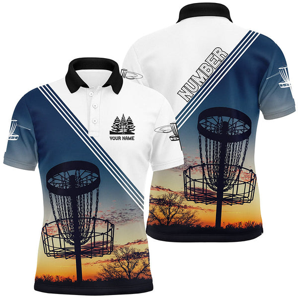 Maxcorners Sunset Personalized Disc Golf Mens Polo Shirt Custom Disc Golf Shirts For Men Disc Golf Basket MT0510