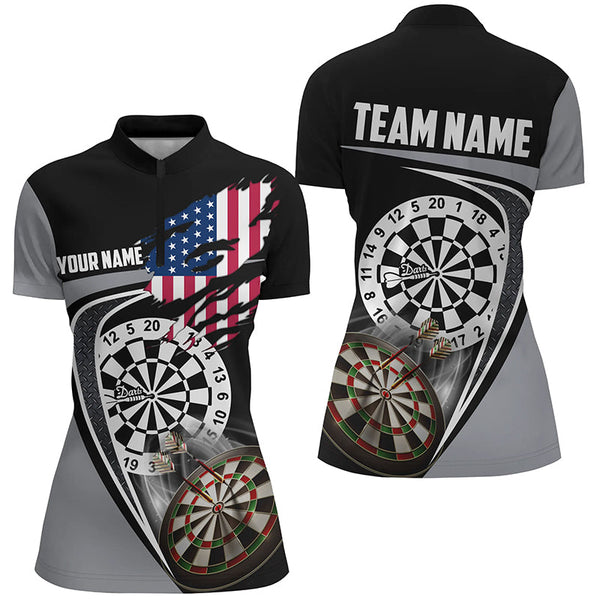 Maxcorners Black Grey American Flag Womens Darts Polo Shirt Custom Patriotic Dart Jerseys For Women