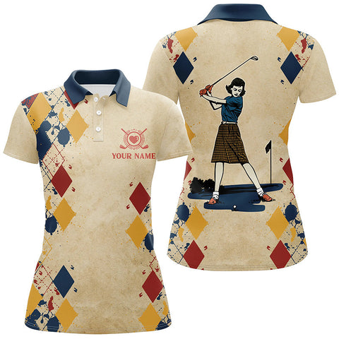 Max Corners Swing Swear Repeat Vintage Argyle Customized Name 3D Golf Polo Shirt For Women