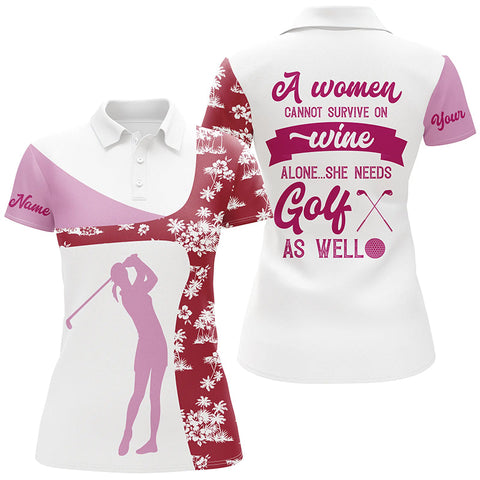 Maxcorners A Women Cannot Survive On Wine Pink Red Tropical Golf Polo Shirt Drinking Golf Tops For Women