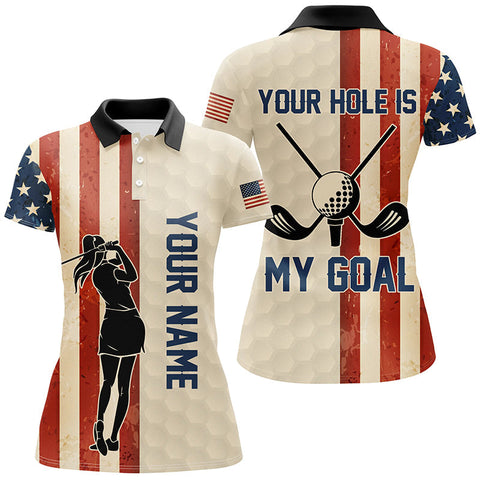 Max Corners Your Hole Is My Goal Vintage American Flag Customized Name 3D Golf Polo Shirt For Women