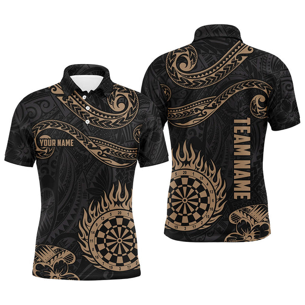 Max Corners Golden Hawaiian Tribal Flame Darts Customized Name 3D Darts Polo Shirt For Men