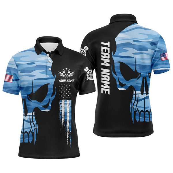 Blue Camo Skull American Flag Mens Darts Polo Shirt