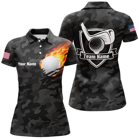 Max Corners Black Camo Fire Golf Ball Flame Customized Name 3D Golf Polo Shirt For Women