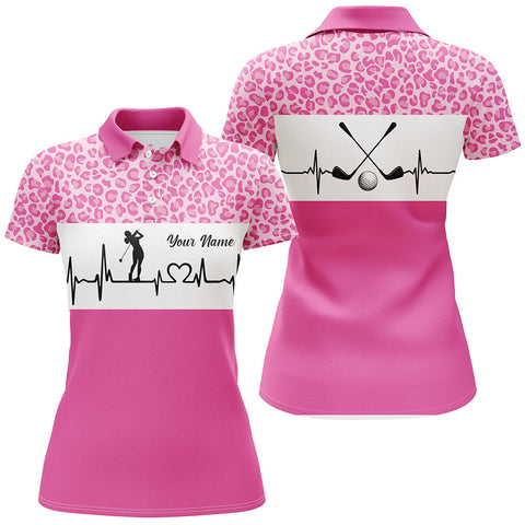 Max Corners Pink Leopard Pattern Golf Girl Heartbeat Customized Name 3D Golf Polo Shirt For Women