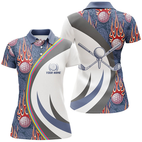 Max Corners Red Flame Golf Ball Blue Customized Name 3D Golf Polo Shirt For Women