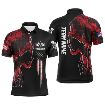 Maxcorners Red Grunge Camo American Flag Skull Darts Mens Polo Shirt Patriotic Dart Jerseys For Men