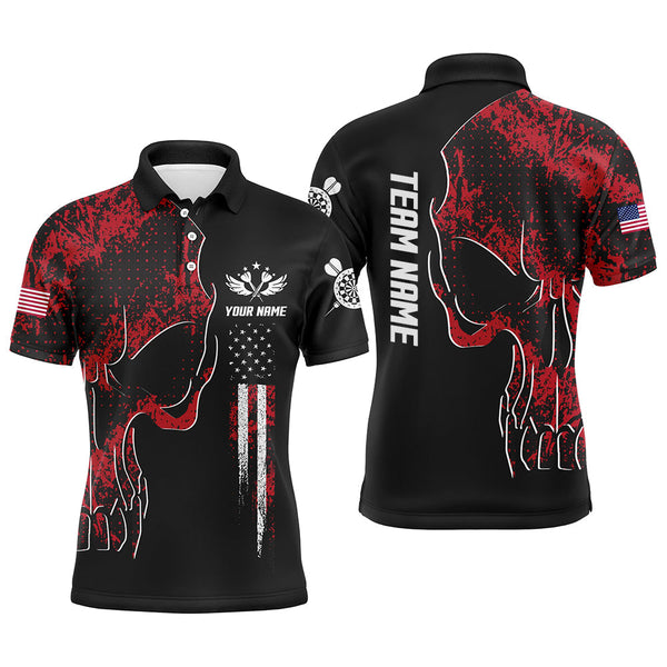 Max Corners Red Grunge Camo American Flag Skull Customized Name 3D Darts Polo Shirt For Men