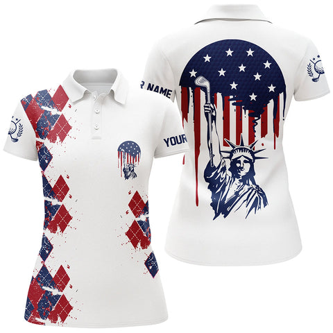 Maxcorners Statue Of Liberty 4Th Of July American Flag Argyle Golf Polos Patriotic Golf Shirts For Women