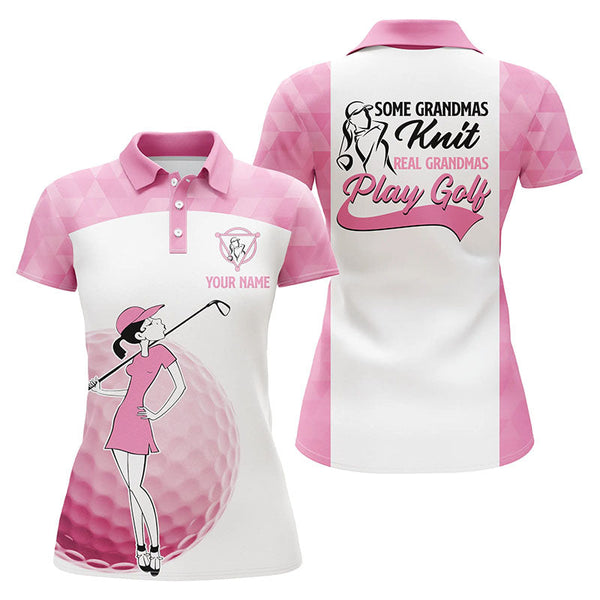 Max Corners Grandmas Play Golf White And Pink Funny Customized Name 3D Golf Polo Shirt For Women