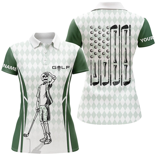 Max Corners Green Argyle American Flag Patriotic Customized Name 3D Golf Polo Shirt For Women