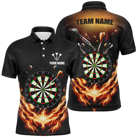 Max Corners Black Orange Fire Flame Customized Name 3D Darts Polo Shirt For Men
