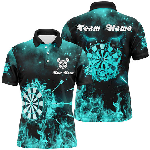 Max Corners Turquoise Fire Flame Customized Name 3D Darts Polo Shirt For Men