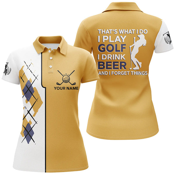 Max Corners Golf Beer Argyle Pattern Yellow Funny Customized Name 3D Golf Polo Shirt For Women