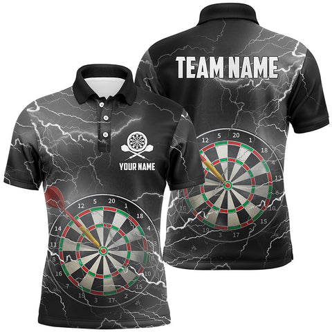 Max Corners Thunder Lightning Black Grey Customized Name 3D Darts Polo Shirt For Men