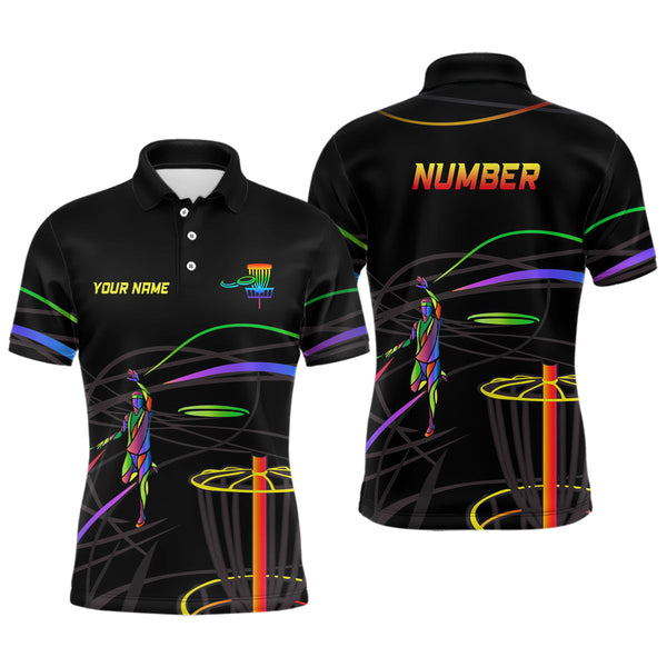 Maxcorners Rainbow Mens Disc Golf Polo Shirt Custom Number Disc Golf Basket Personalized Disc Golf Shirt For Men MT0510