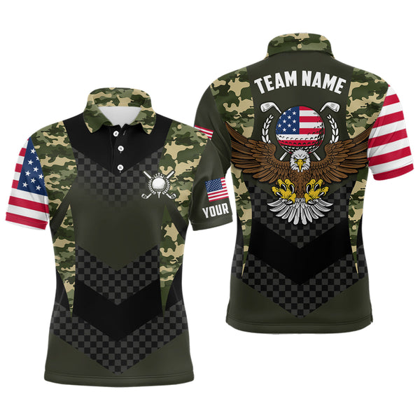 Maxcorners Custom Name American Flag Camo Eagle Golf Polo Shirts, Patriotic Golf Shirts LM1506