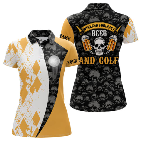 Max Corners Weekend Forecast Beer & Golf Argyle Pattern Skull Customized Name 3D Golf Polo Shirt For Women