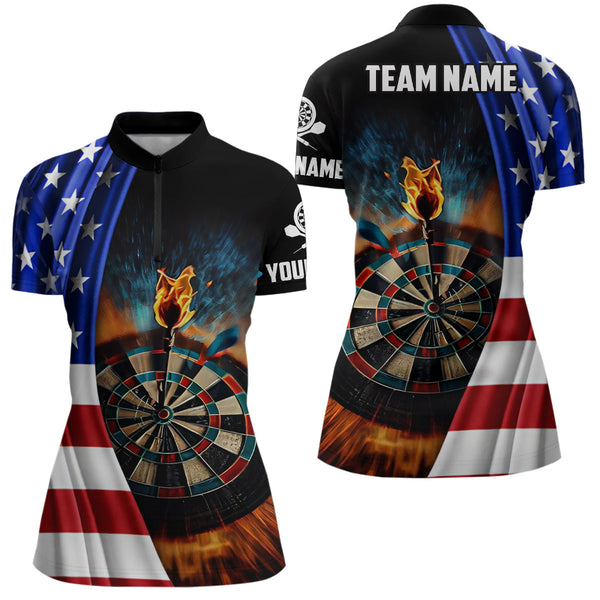 Maxcorners American Flag Darts Polo Shirt Custom Fire Patriotic Darts Shirt For Women Dart Jerseys