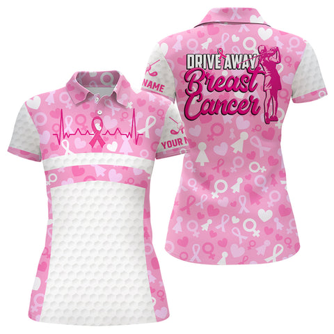 Max Corners Drive Away Breast Cancer Pink White Heartbeat Ribbon Cute Customized Name 3D Golf Polo Shirt For Women