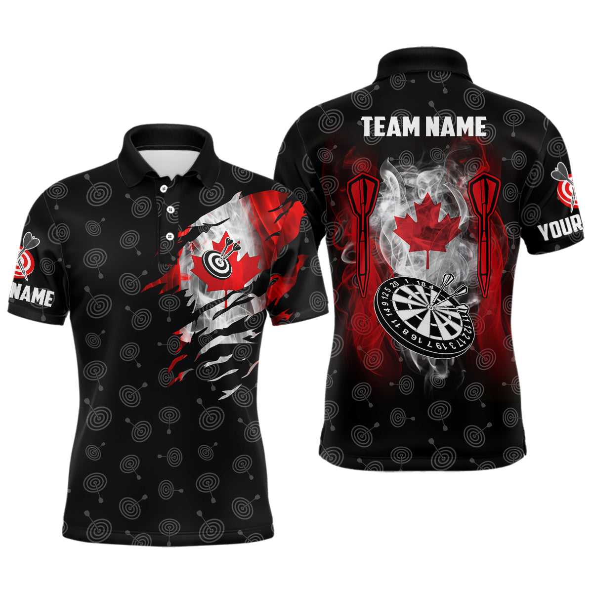 MaxCorners Dart Smoke Canada Flag Customized Name And Team Name 3D Polo Shirt For Men