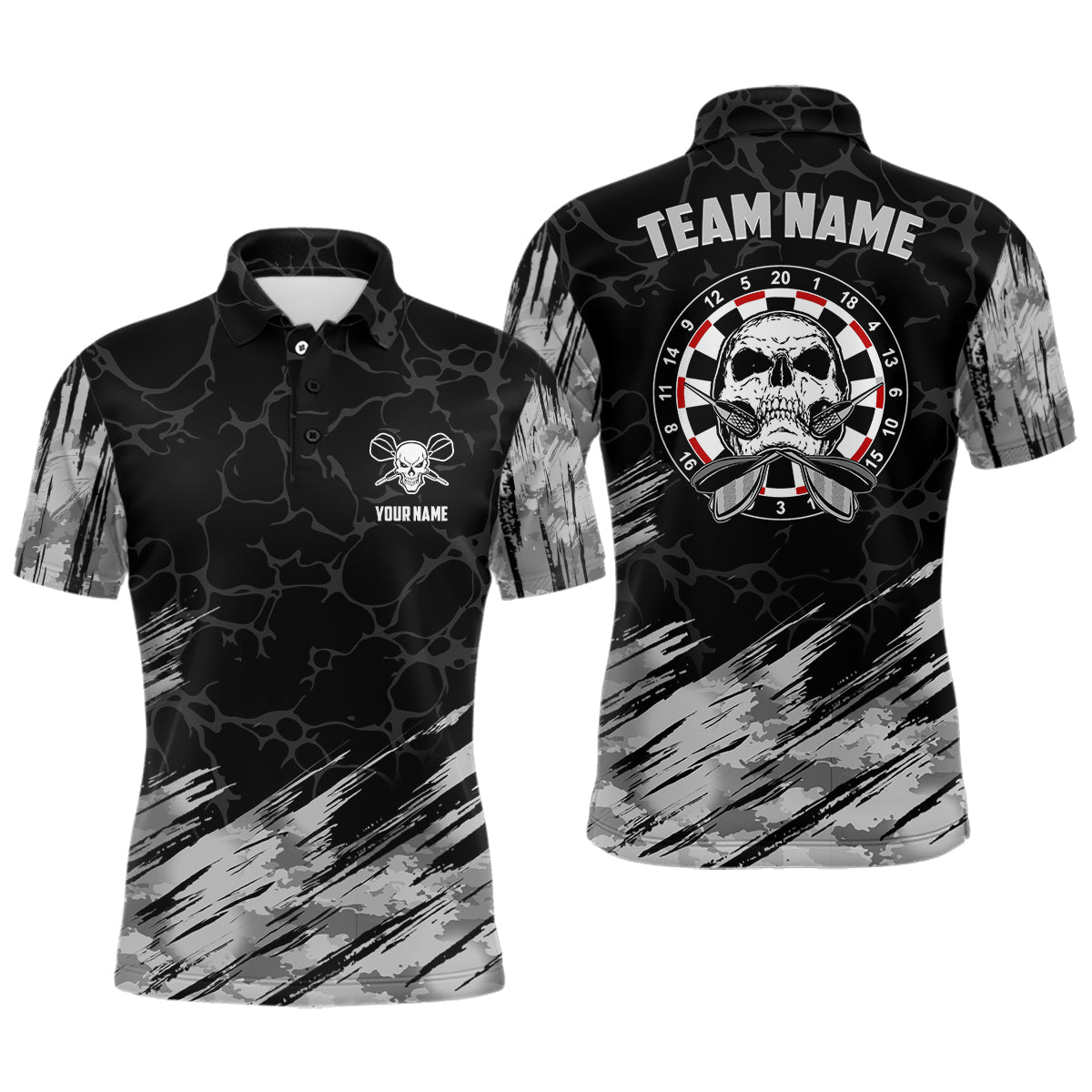 MaxCorners Darts Skull Grey And Black Pattern Customized Name 3D Polo Shirt For Men