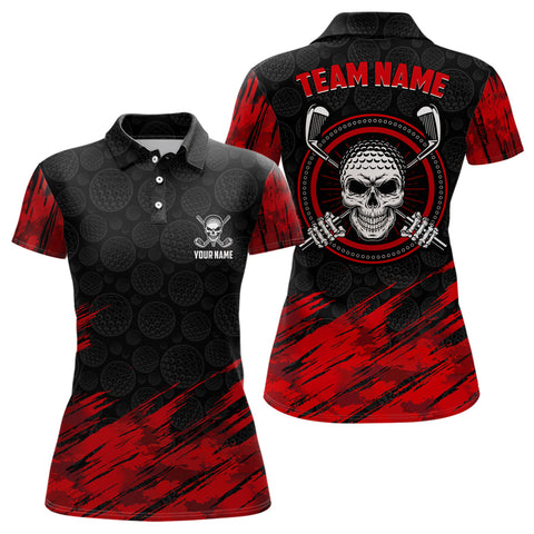 Max Corners Red Black Skull Golf Pattern Customized Name 3D Golf Polo Shirt For Women