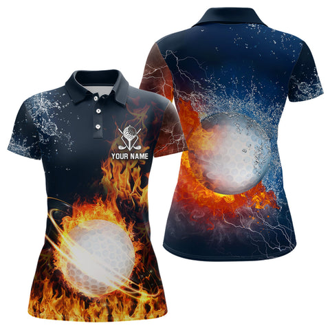 Max Corners Fire And Water Golf Ball Lightning Pattern Customized Name 3D Golf Polo Shirt For Women