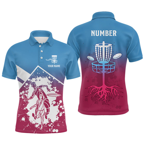 Maxcorners Pink Blue Silhouette Mens Disc Golf Polo Shirt Custom Disc Golf Basket Shirt For Men Disc Golf Jersey MT0510
