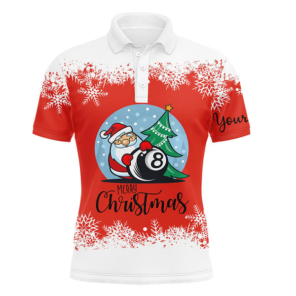 Maxcorners Personalized Merry Christmas 8 Ball Billiard Polo Shirts For Men, Custom Christmas Billiard Shirts