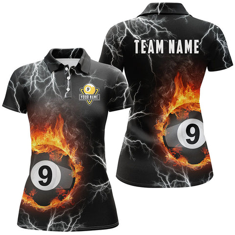 Maxcorners Personalized Billiard 9 Ball Fire Flame Polo Shirts For Women