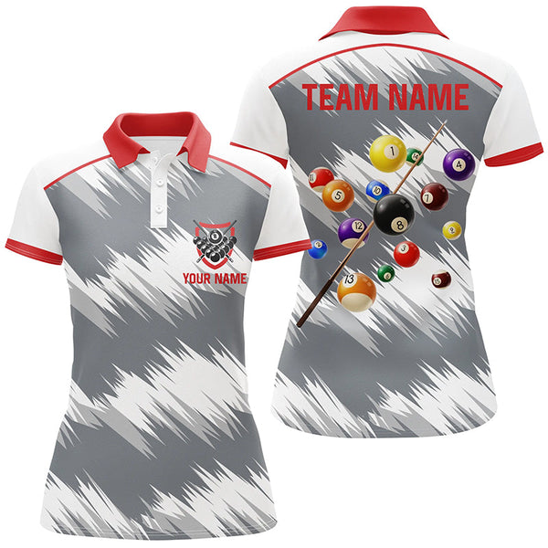 Maxcorners Personalized Red Grey Billiard Balls 3D Polo Shirts For Men, Custom 8 Ball Billiard Team Jerseys