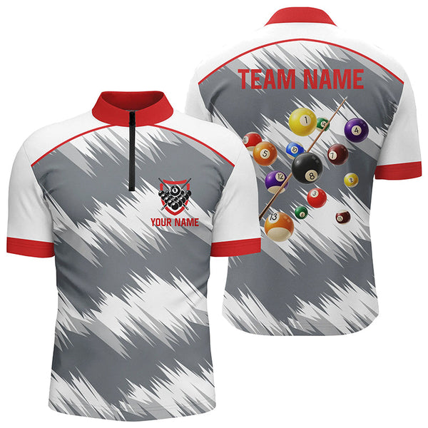 Maxcorners Personalized Red Grey Billiard Balls 3D Polo Shirts For Men, Custom 8 Ball Billiard Team Jerseys