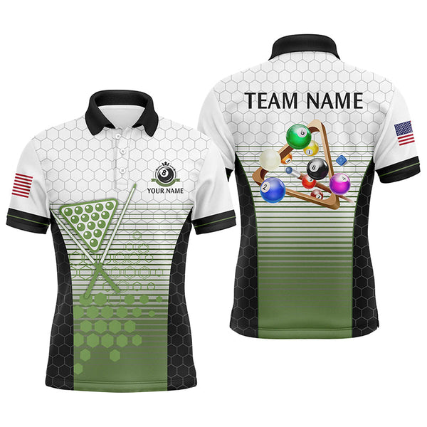 Maxcorners Personalized 8 Ball Pool US Flag Billiard Green Polo Shirts For Men, Custom Billiard Balls Jerseys