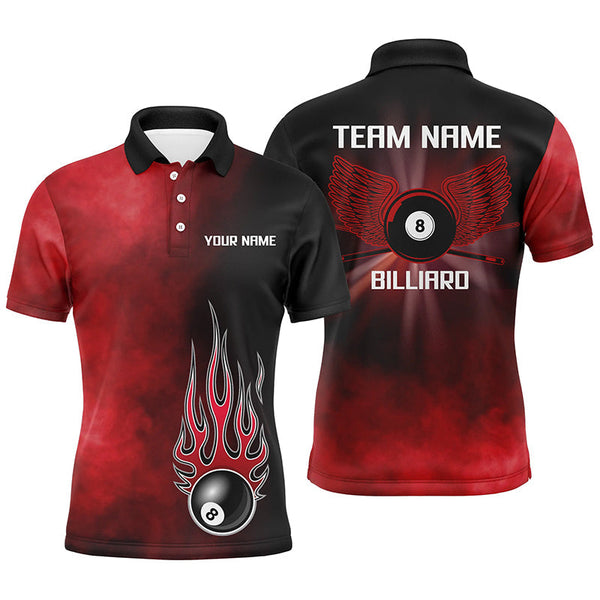 Maxcorners Personalized Black Red Flame 8 Ball Pool Polo Shirts Custom Billiard 8 Ball Wing Jerseys For Men And Women