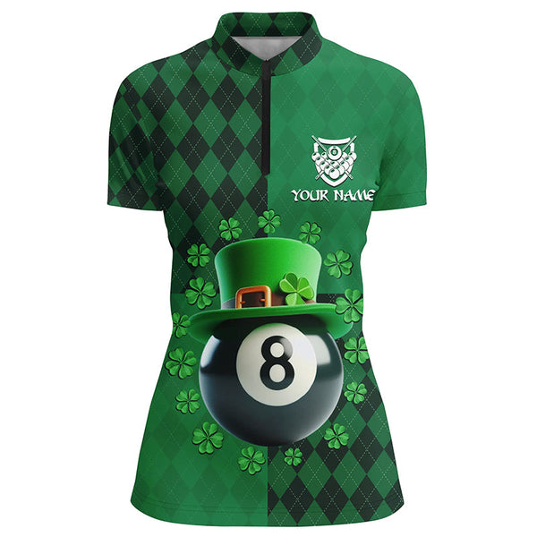 Maxcorners Personalized St Patrick'S Day Billiard 8 Ball 3D Polo Shirts For Women, Shamrock Billiard Shirt