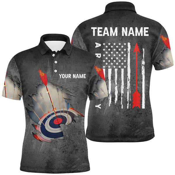 Maxcorners Personalized Us Flag Arrow Archery Polo Shirts For Men, Custom Flaming 3D Target Archery Shirts