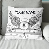 Personalized Billiard 8 Ball Wings Line Drawing Pillow, Billiards Gifts