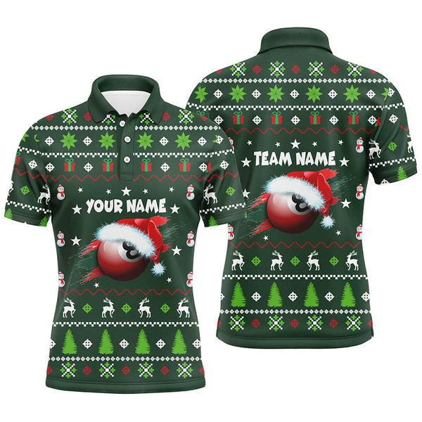 Maxcorners Personalized Green Red Christmas 8 Ball Billiard Polo Shirts For Men, Christmas Billiards