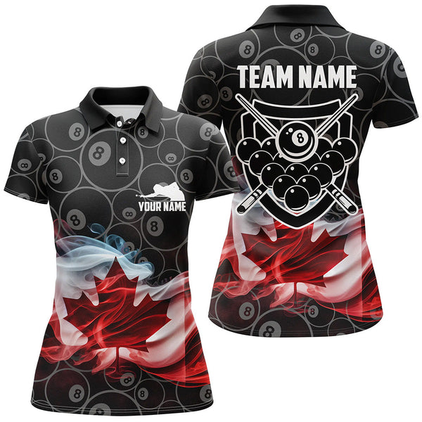 Maxcorners Personalized Customized Canadian Flag Smoke 8 Ball Pool Pattern Billiard 3D Polo Shirts For Women